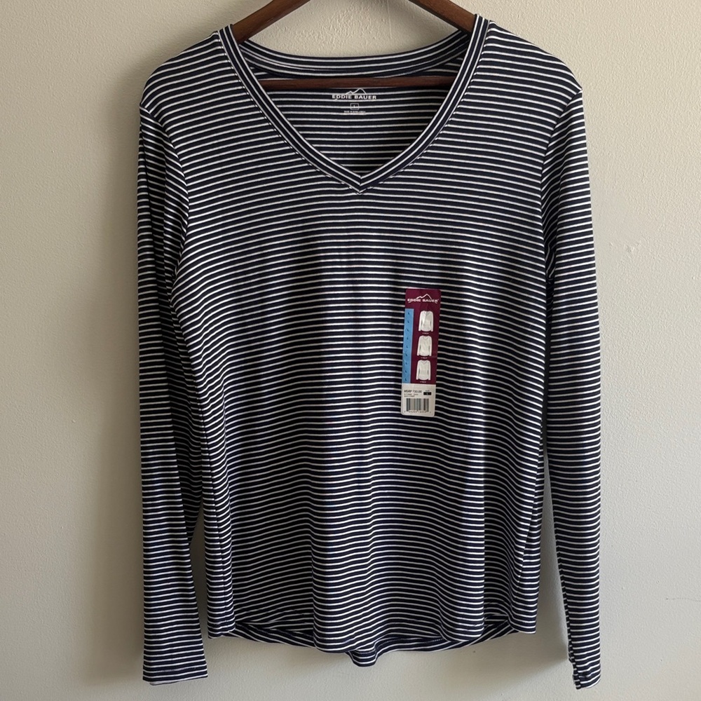 Eddie Bauer Navy Stripe V-Neck Long Sleeve Top L NWT